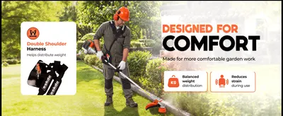 Shows multiple comfort benefits of the trimmer harness and balanced design so shoppers understand how it reduces fatigue during long garden work. Shows the trimmer in use in a garden setting to help…