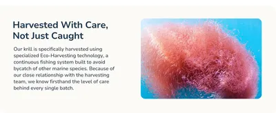 Communicates that krill is gathered with specialized continuous fishing technology that avoids bycatch of other marine species, showing careful harvesting.
