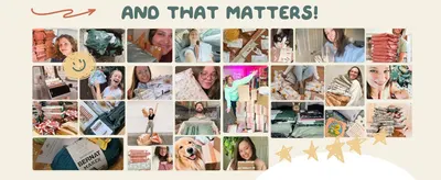 Shows a collage of real customers with their purchases to build trust and show that a real community loves the brand. Headline AND THAT MATTERS reinforces a brand message about customer community…