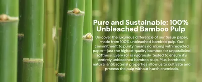 Highlights multiple key features of the bamboo tissue paper, emphasizing its purity, sustainability, and quality to appeal to eco-conscious consumers.