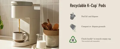 Educates shoppers on how to properly dispose of and recycle K-Cup pods through a simple three-step instructional guide.