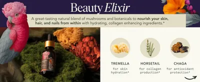 Highlights the key botanical ingredients in the Beauty Elixir and their specific benefits for skin, hair, and nails to educate shoppers on what makes the product effective. Showcases multiple…