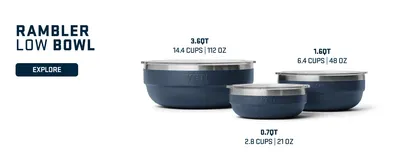 Displays the Rambler Low Bowl product line with three size options to help shoppers choose the right capacity for their needs.