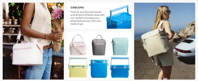 Displays the full range of cooler styles and color options available from the brand to help shoppers choose the right product for their needs. Demonstrates versatility by showing the coolers in…