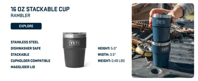 Highlights multiple product features (stainless steel, dishwasher safe, stackable, cupholder compatible, MagSlider lid) with sizing information and lifestyle usage to help shoppers understand key…