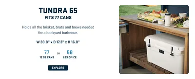 Highlights the Tundra 65 cooler's capacity (77 cans) and dimensions while showing its suitability for backyard barbecues to help shoppers understand its size and use case. Emphasizes the cooler's…