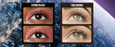 Shows the same eyes before and after applying each shade so shoppers can see the lash lift and color payoff. Presents two shades from the same mascara line side by side to help shoppers choose a…