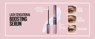 Shows the brush tip and formula parts of the serum, with before and after lash results, to prove how it cares for lashes. Highlights the gentle brush and nourishing formula as two separate benefits…