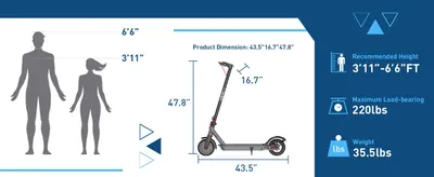 Communicates the exact physical dimensions of the scooter and provides scale reference with human silhouettes to help shoppers understand the product size and fit. Highlights multiple key product…