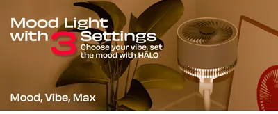 Shows the fan's built-in mood light with three selectable settings so shoppers see how it adds ambient atmosphere to a room.