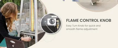 Zooms in on the flame control knob and its gas connection to show shoppers exactly where adjustment happens on the heater. The easy turn design reassures buyers that flame level is simple to…