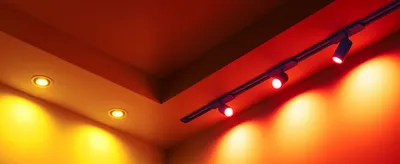 Shows the spotlights producing warm red, orange, and yellow tones to show the color range and mood possibilities.