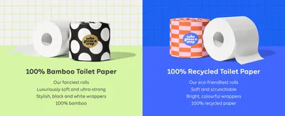 Compares two toilet paper options to highlight the different features and benefits of each, helping shoppers choose between bamboo and recycled paper products.