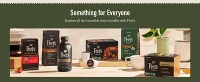 Demonstrates the diverse range of coffee products available from Peets including espresso capsules, ground coffee bags, cold brew bottles, K-cups, and various roast options to show versatility and…