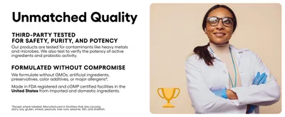 Reassures shoppers about product safety, purity, and quality through third-party testing claims and manufacturing certifications. Highlights multiple quality and safety benefits in a segmented text…