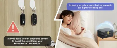 Demonstrates how the signal-blocking box protects against electronic theft by preventing thieves from boosting car key signals, ensuring user safety and privacy. Educates shoppers on the security…