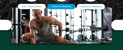Presents multiple health benefit categories through a tabbed navigation showing hair, skin, nails, joints, mobility, vitality, and wellness to illustrate the wide-ranging wellness applications of…