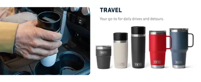 Displays the brands travel drinkware product lineup to help shoppers understand the range of sizes and styles available within the collection.