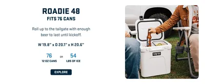 Presents one model from the YETI Roadie cooler lineup with capacity specs and dimensions to help shoppers choose the right size for their needs. Highlights the cooler's capacity with quantifiable…