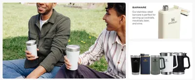 Showcases the breadth of the brand's barware product line to help shoppers see available options. Highlights the stainless-steel barware as ideal for serving cocktails, mocktails, beer, and wine.