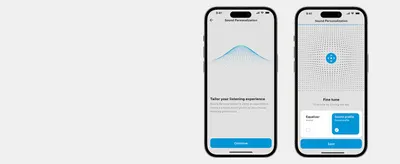 Shows the app's sound personalization tuning so shoppers know they can shape the audio to their own taste.