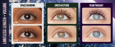 Shows lash length and volume gains on three shades to prove the mascara works across colors. Presents the Limitless Length and Volume shade lineup together to help shoppers pick a color.