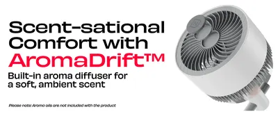 Introduces the AromaDrift built-in diffuser that adds a soft ambient scent, with a note that aroma oils are sold separately.