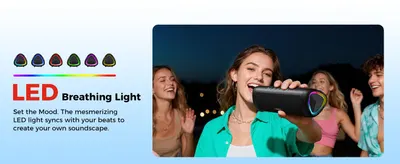 Highlights the speaker's LED breathing light that syncs with beats to set a fun mood. Lifestyle imagery reinforces the party atmosphere.