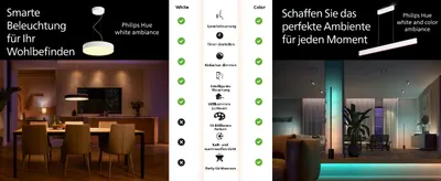 Shows the feature differences between Philips Hue white ambiance and white and color ambiance so shoppers can see which lighting features each model includes before buying. Uses checkmarks side by…