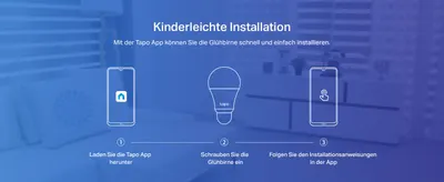 Shows shoppers that setting up the smart bulb is simple by walking through three steps: download the Tapo app, screw in the bulb, and follow in-app instructions. Reinforces that installation is…