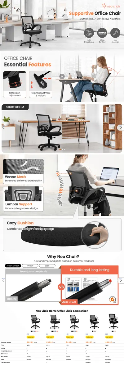 Premium A+ Content for Amazon.com: NEO CHAIR Office Desk Computer Chair Ergonomic Mesh Gaming Mid Back Seat…