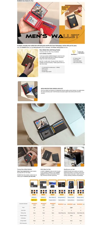 Premium A+ Content for Amazon.com: RUNBOX Men's Wallets 15 Card Holder Slim Rfid Leather 2 ID Window With Gift…