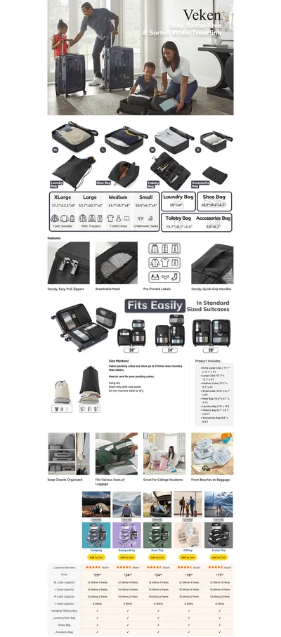 Premium A+ Content for Amazon.com: Veken 8 Set Packing Cubes for Travel Essentials