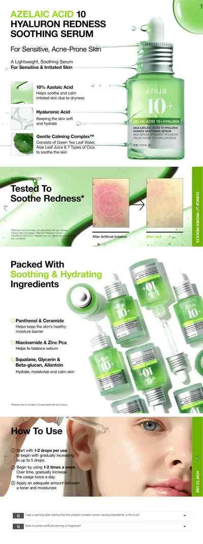 Premium A+ Content for Amazon.com: Anua Azelaic Acid 10 Hyaluron Redness Soothing Serum
