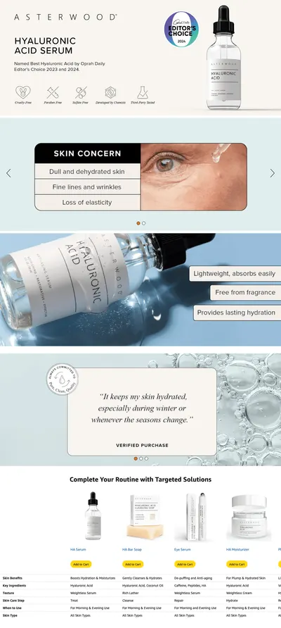 Premium A+ Content for Amazon.com: Asterwood Hyaluronic Acid Serum for Face