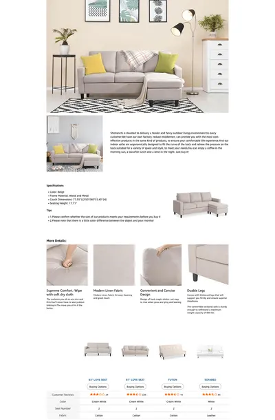 Premium A+ Content for Amazon.com: Shintenchi Convertible Sectional Sofa Couch