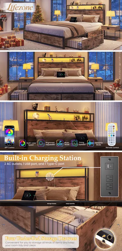 Premium A+ Content for Amazon.com: Lifezone Queen Bed Frame with 2-Tier Storage Headboard