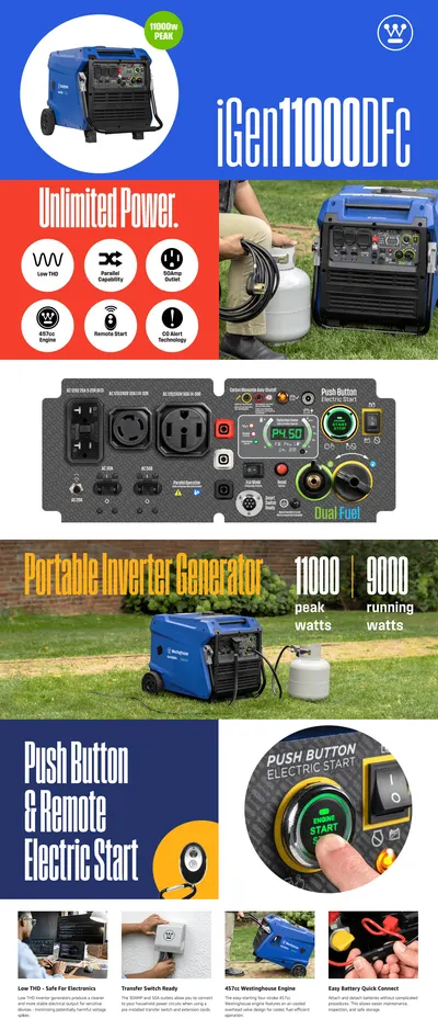 Premium A+ Content for Amazon.com : Westinghouse 11000 Peak Watt Dual Fuel Portable Inverter Generator