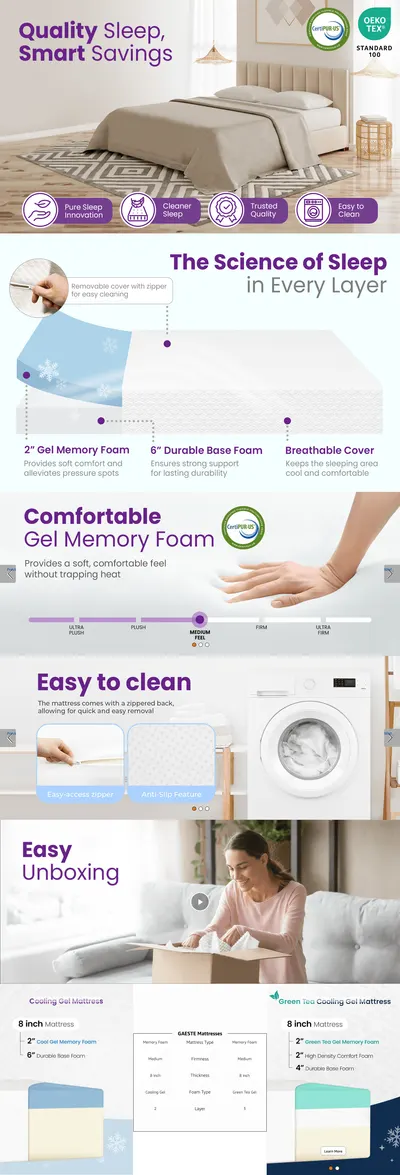 Premium A+ Content for Amazon.com: GAESTE 8 Inch Full Cooling Gel Memory Foam Mattress for Cool Sleep Medium…