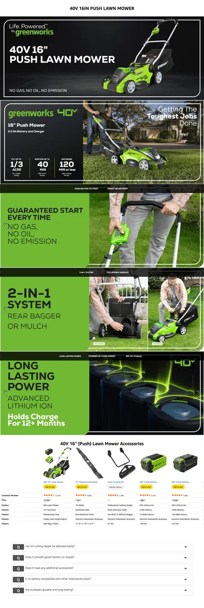 Premium A+ Content for Amazon.com : Greenworks 40V 16" Cordless Lawn Mower