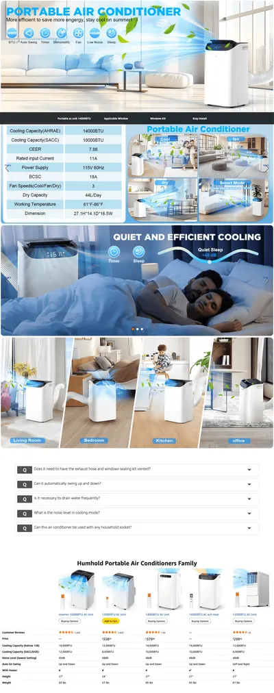 Premium A+ Content for Amazon.com: Humhold 14000 BTU Portable Air Conditioners with Remote Control