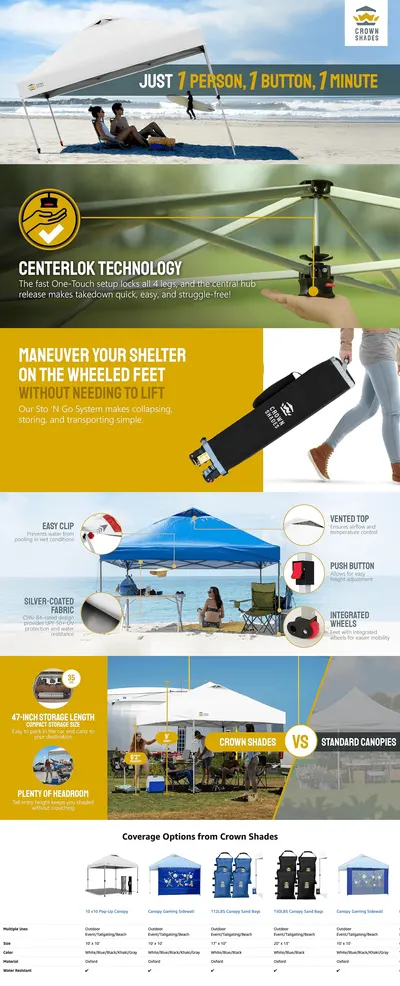 Premium A+ Content for Amazon.com : CROWN SHADES 10x10 Pop Up Canopy