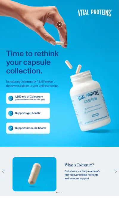 Premium A+ Content for Amazon.com: Vital Proteins Bovine Colostrum Supplement 90 Capsules for Gut Health