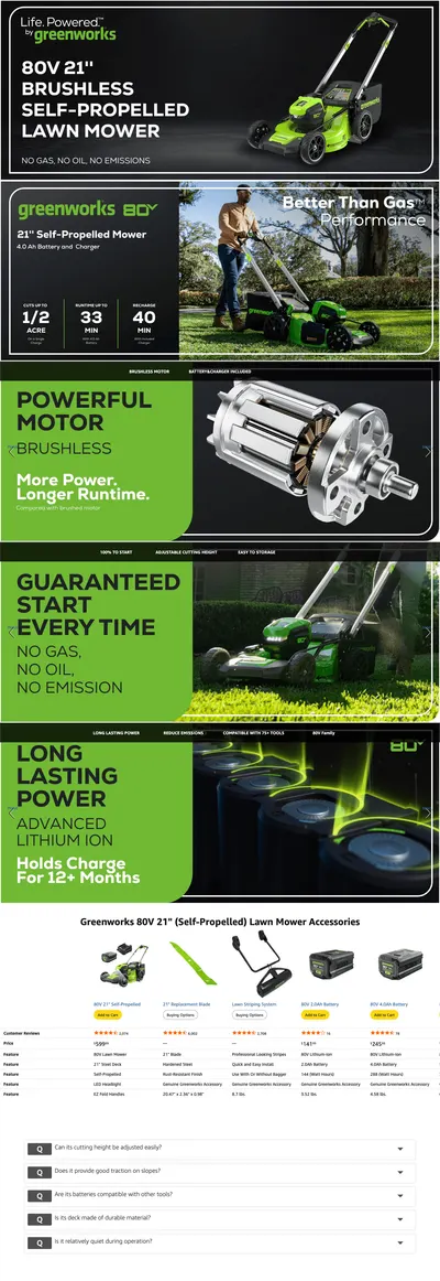 Premium A+ Content for Amazon.com : Greenworks 80V 21" Self-Propelled Cordless Lawn Mower