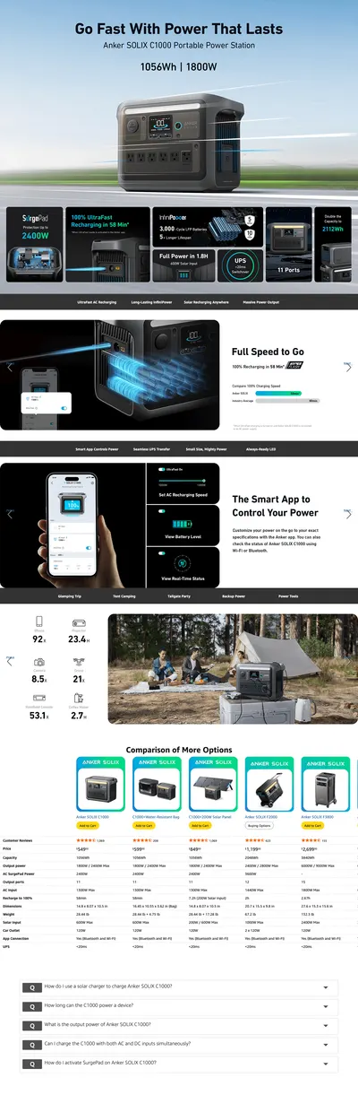 Premium A+ Content for Amazon.com : Anker SOLIX C1000 Portable Power Station