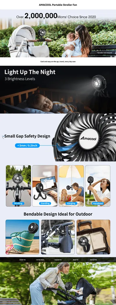 Premium A+ Content for Amazon.com: AMACOOL Battery Operated Stroller Fan Flexible Tripod Clip On Fan with 3…