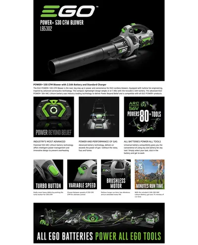 Premium A+ Content for Amazon.com: EGO Power+ LB5302 3-Speed Turbo 56-Volt 530 CFM Cordless Leaf Blower