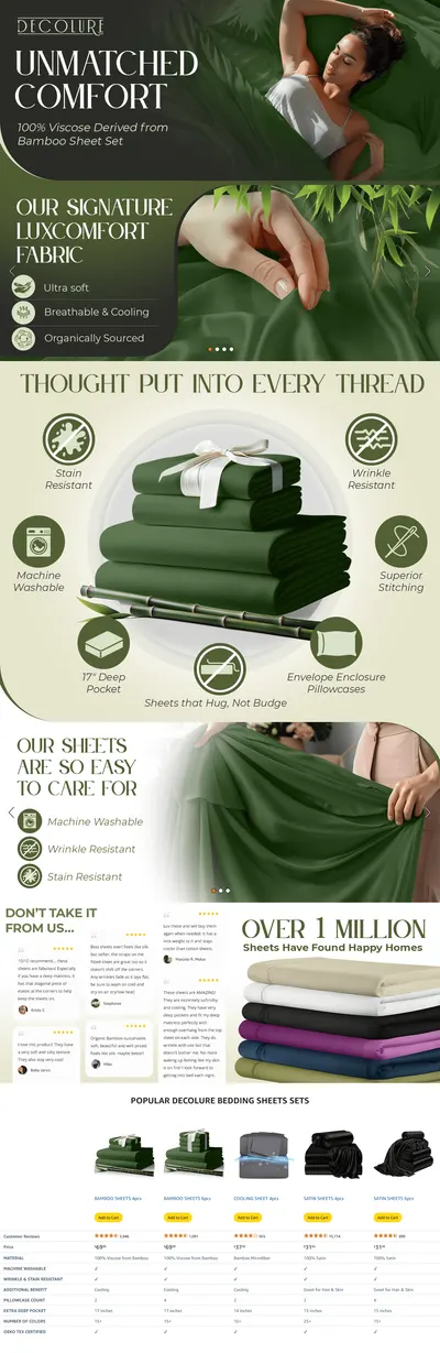 Premium A+ Content for Amazon.com: DECOLURE 100% Organic Viscose Derived from Bamboo Sheets King Size 4pcs
