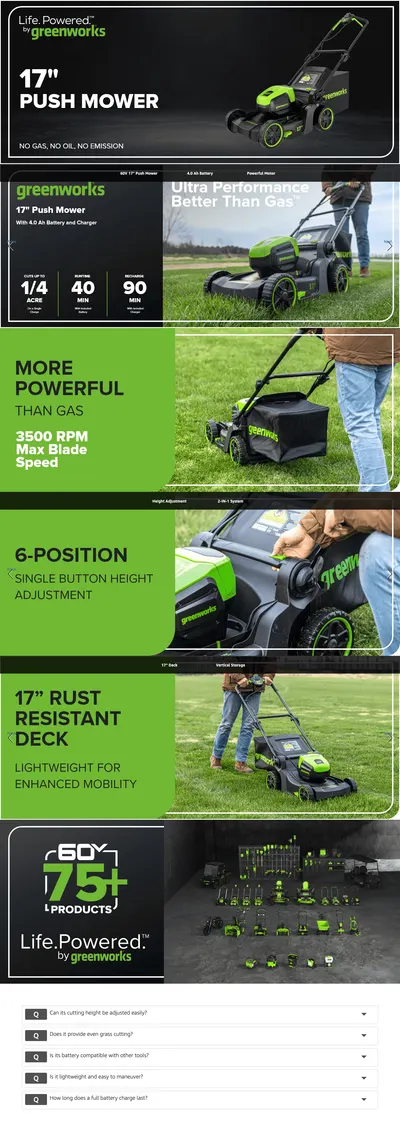 Premium A+ Content for Amazon.com : Greenworks 60V 17" Brushless Cordless Push Lawn Mower