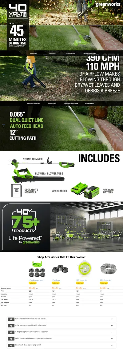 Premium A+ Content for Amazon.com: Greenworks 40V Cordless String Trimmer + Leaf Blower Combo Kit